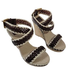 NEW Tory Burch Brown Woven Leather Paloma Ankle Strap Espadrille Wedge Sz 37.5